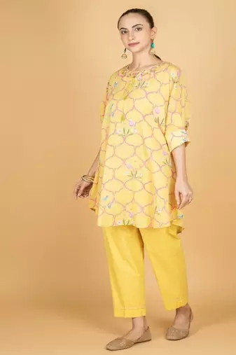 Yellow floral printed cotton kurta set