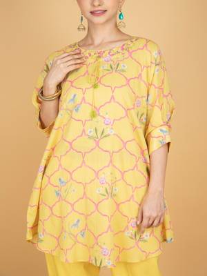 Yellow floral printed cotton kurta set 4