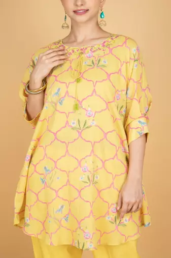 Yellow floral printed cotton kurta set