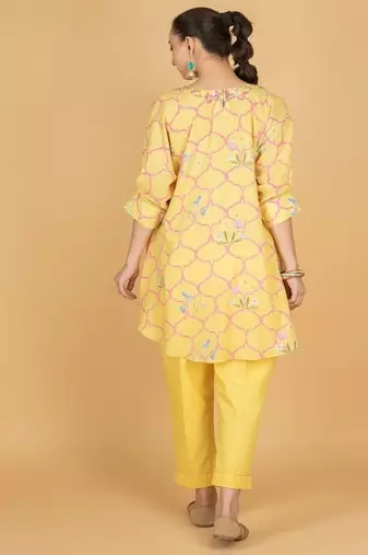 Yellow floral printed cotton kurta set