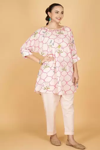 Pink floral printed cotton kurta set