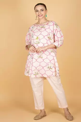 Pink floral printed cotton kurta set