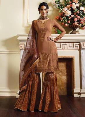 Brown Satin Embroidered Wedding Wear Designer Semi-Stiched Suit 1