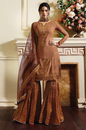 Brown Satin Embroidered Wedding Wear Designer Semi-Stiched Suit