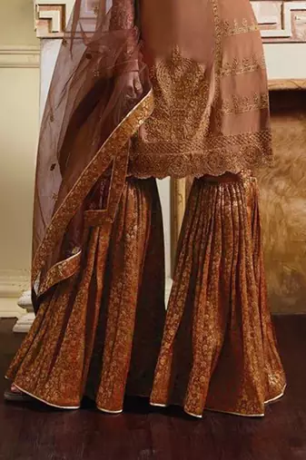 Brown Satin Embroidered Wedding Wear Designer Semi-Stiched Suit