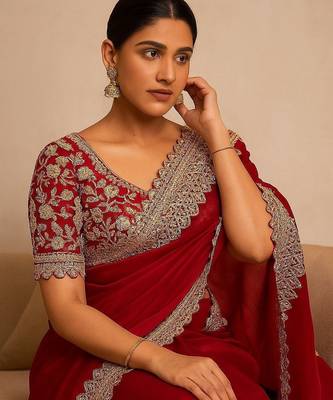 Red Color Bridal Fendy Satin Fabric Saree 1