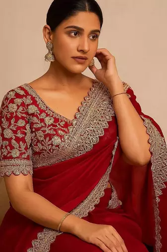 Red Color Bridal Fendy Satin Fabric Saree