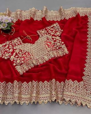 Red Color Bridal Fendy Satin Fabric Saree 2