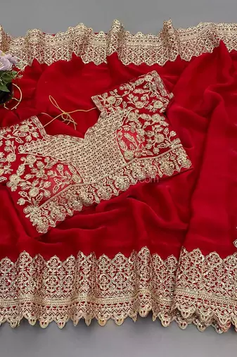 Red Color Bridal Fendy Satin Fabric Saree