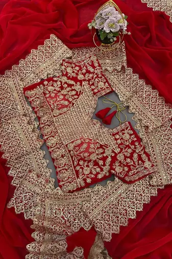 Red Color Bridal Fendy Satin Fabric Saree
