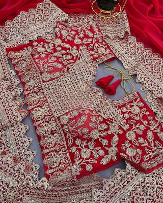 Red Color Bridal Fendy Satin Fabric Saree 5