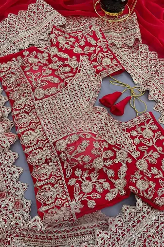 Red Color Bridal Fendy Satin Fabric Saree