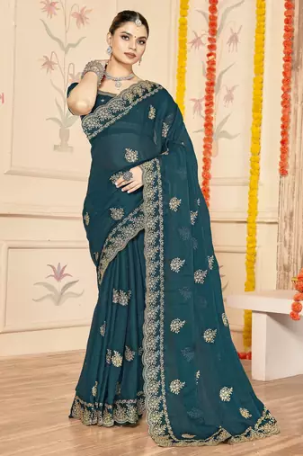 Morpeach color moss silk zari embroidered work saree with blouse