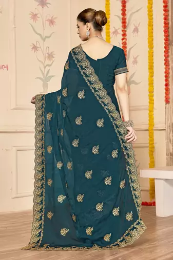 Morpeach moss silk blend zari embroidered work saree with blouse