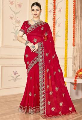 Red color moss silk blend zari embroidered work saree with blouse 1