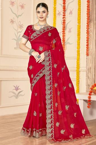 Red color moss silk zari embroidered work saree with blouse