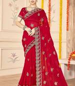Red color moss silk zari embroidered work saree with blouse