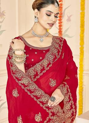 Red color moss silk blend zari embroidered work saree with blouse 2