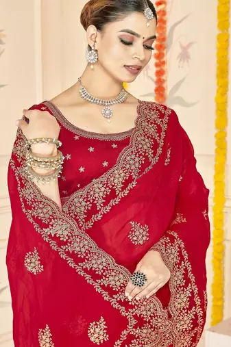 Red color moss silk blend zari embroidered work saree with blouse