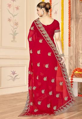 Red color moss silk blend zari embroidered work saree with blouse 3