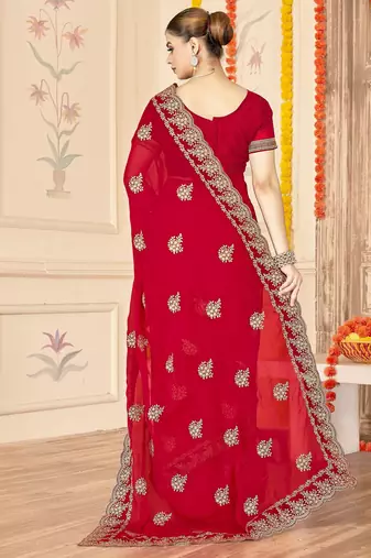 Red color moss silk blend zari embroidered work saree with blouse