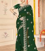 Green color moss silk zari embroidered work saree with blouse