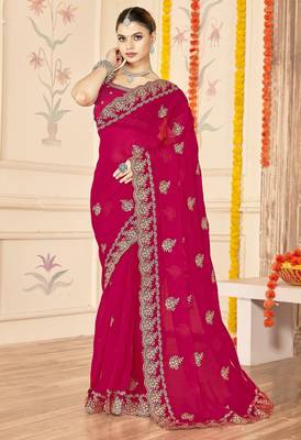 Rani color moss silk blend zari embroidered work saree with blouse 1
