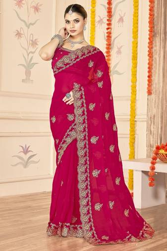 Rani color moss silk zari embroidered work saree with blouse
