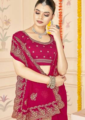 Rani color moss silk blend zari embroidered work saree with blouse 2