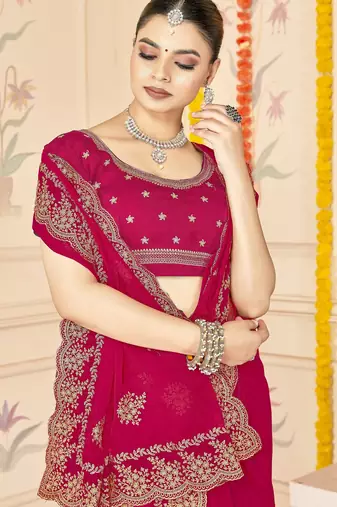 Rani color moss silk blend zari embroidered work saree with blouse