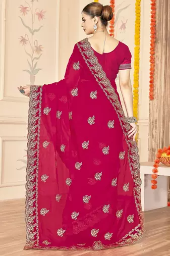 Rani color moss silk blend zari embroidered work saree with blouse