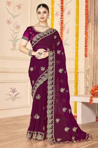 Purple color moss silk zari embroidered work saree with blouse