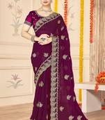 Purple color moss silk zari embroidered work saree with blouse