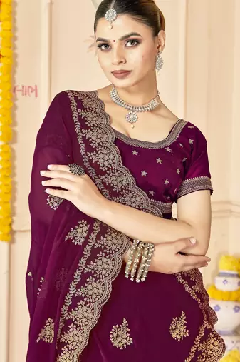 Purple color moss silk blend zari embroidered work saree with blouse