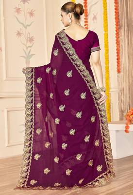 Purple color moss silk blend zari embroidered work saree with blouse 3