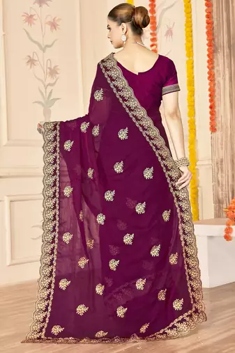 Purple color moss silk blend zari embroidered work saree with blouse