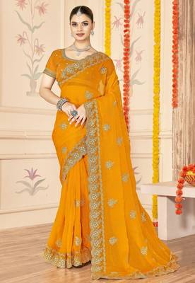 Musturd color moss silk blend zari embroidered work saree with blouse 1
