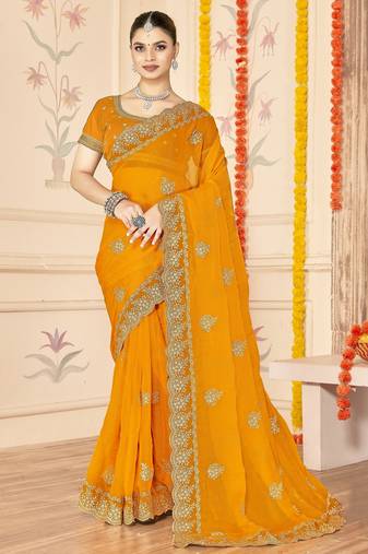 Musturd color moss silk zari embroidered work saree with blouse