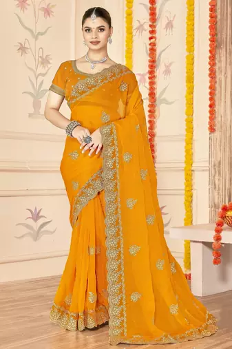 Musturd color moss silk zari embroidered work saree with blouse