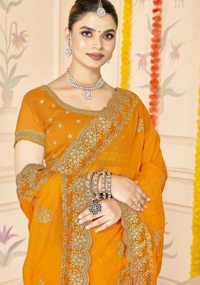 Musturd color moss silk blend zari embroidered work saree with blouse 2