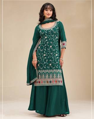 Teal embroidered faux chiffon salwar suit 1