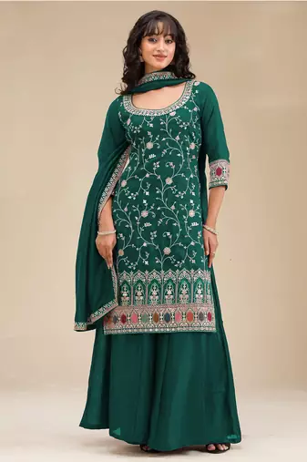 Teal color embroideried faux chiffon semi stitched salwar suit