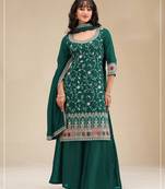 Teal color embroideried faux chiffon semi stitched salwar suit