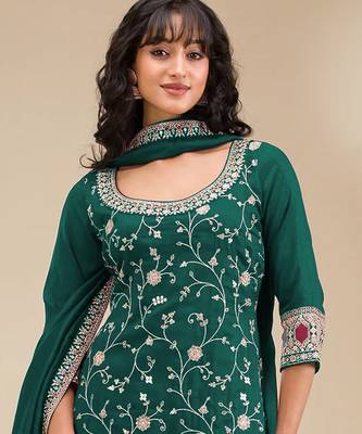Teal embroidered faux chiffon salwar suit 2