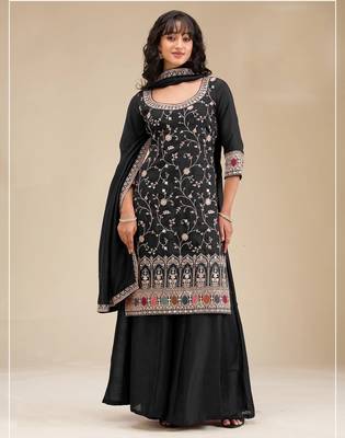 Black embroidered faux chiffon salwar suit 1