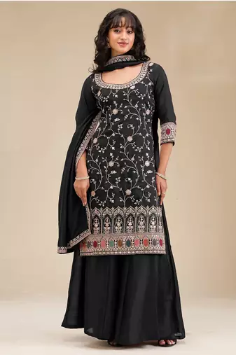 Black color embroideried faux chiffon semi stitched salwar suit
