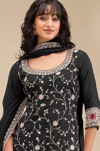 Black embroidered faux chiffon salwar suit