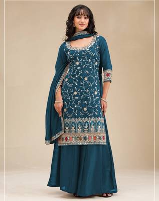 Dark aqua blue embroidered faux chiffon salwar suit 1