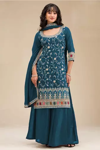 Dark aqua blue color embroideried faux chiffon semi stitched salwar suit