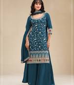 Dark aqua blue color embroideried faux chiffon semi stitched salwar suit